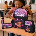 Personalized Cartoon Black Girl Backpack Lunch Bag Pencil Case Water Bottle Set with Name Back to School Christmas Gift for Black Girls