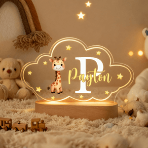Personalised Cute Animals Star Cloud Style Acrylic LED Night Light with Name and Wooden Base Nursery Decor Birthday Anniversary Gift for Kid Newborn