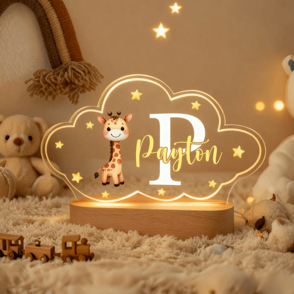 Personalized Cute Animals Star Cloud Style Acrylic LED Night Light with Wooden Base and Name Birthday Anniversary Gift for Kid Newborn