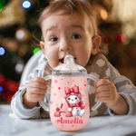 Personalized Cartoon Santa Hat Snowman Bow Initial 10 oz Insulated Sippy Cup with Name and Handle Baby Shower Birthday Gift for Toddler Kid