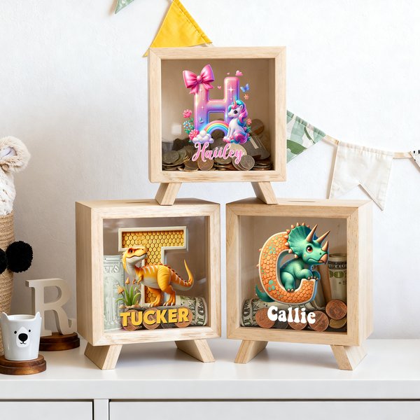 Personalised Cute Dinosaur Fantasy Unicorn Wooden Money Box with Name Birthday Christmas Gift for Boys Girls