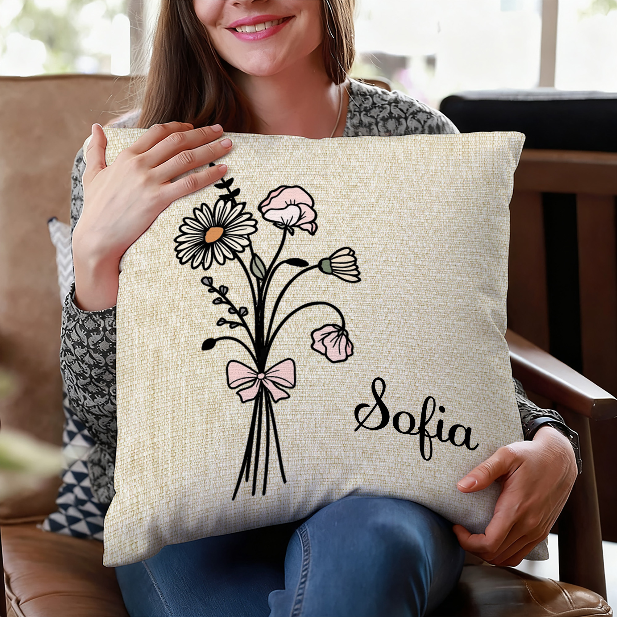Taie d'oreiller personnalisée avec nom, fleur rose, noeud, multicolore, décoration d'intérieur, cadeau d'anniversaire pour femme, fille.