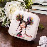 Personalised Cartoon Quirky Girl PU Leather Jewellery Box with Name Portable Travel Accessories Birthday Gift for Women Girls