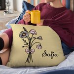 Personalized Birth Flower Pink Bow Multicolor Throw Pillow Cover with Name Home Decor Birthday Anniversary Gift for Women Girls