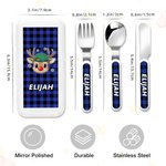 Personalised Cartoon Reindeer Snowflake Plaid Kid Stainless Steel Fork Spoon Knife 3 Pcs Cutlery Set with Name and Case Christmas Gift for Boys Girls