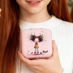 Personalised Cartoon Quirky Girl PU Leather Jewellery Box with Name Portable Travel Accessories Birthday Gift for Women Girls