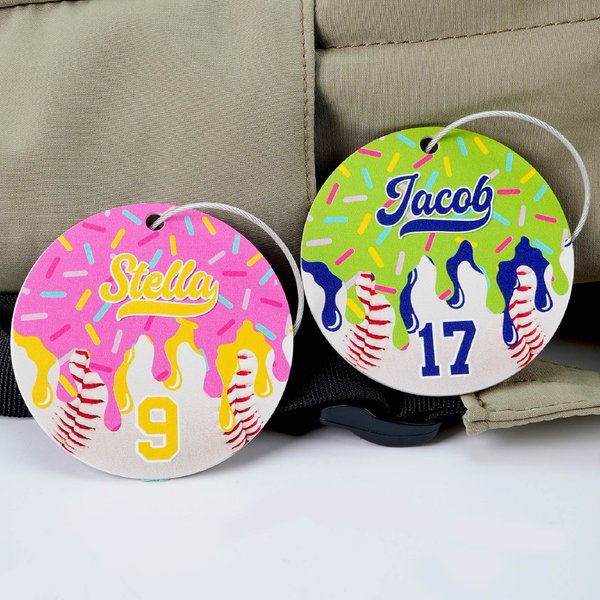 Personalized Donut Drip Shape Baseball Sports Bag Tag with Name and Number Backpack Accessories Game Day Team Gift for Coaches Sports Lovers