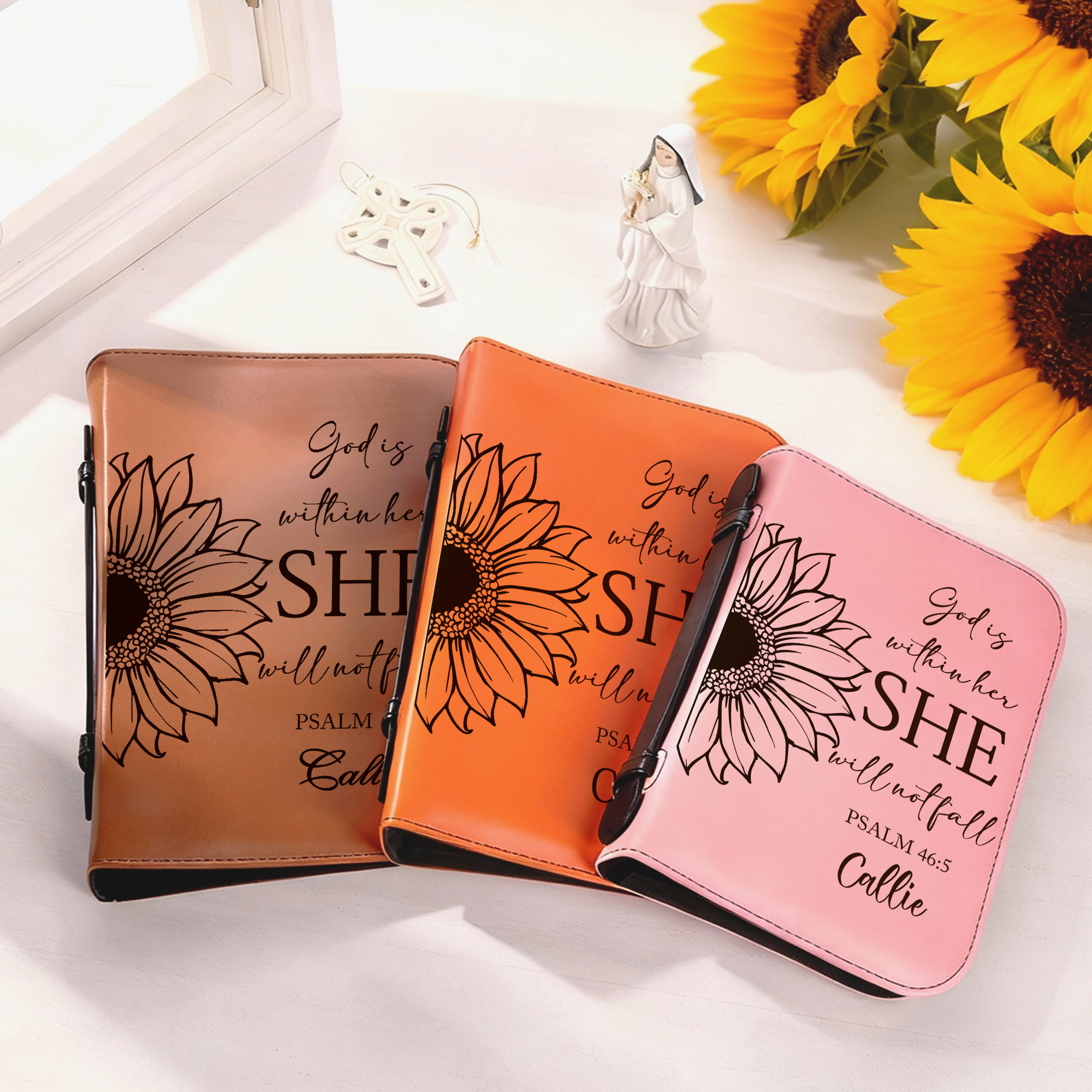 Couverture de Bible en cuir PU avec poignée de transport et nom Prière Baptême Cadeau Religieux Personnalisé pour les Chrétiens