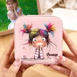 Personalised Cartoon Quirky Girl PU Leather Jewellery Box with Name Portable Travel Accessories Birthday Gift for Women Girls