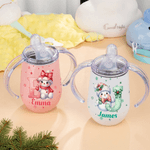 Personalized Cartoon Santa Hat Snowman Bow Initial 10 oz Insulated Sippy Cup with Name and Handle Baby Shower Birthday Gift for Toddler Kid