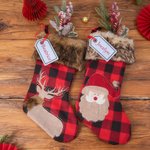 Calza di Natale ricamata personalizzata in pelliccia sintetica di bufalo a quadri con nome Regalo di Natale decorativo per famiglia bambino