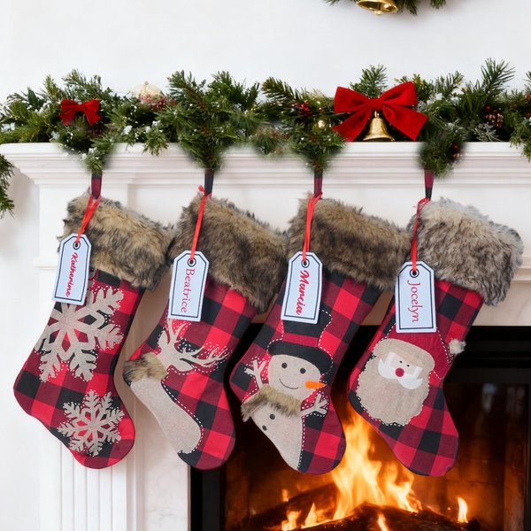 Personalised Embroidered Faux Fur Buffalo Plaid Christmas Stocking with Name Christmas Decor Christmas Gift for Family Kid
