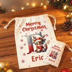 Personalisierte Frohe Weihnachten niedlich Santa Hut Rentier erste Leinwand Drawstring Geschenk Tasche mit Namen Weihnachtsgeschenk für Kinder Familie Freunde