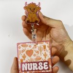 Personalized Western Cowgirl Style Highland Cow Badge Reel with Text and Heart Charm Nurse Week Birthday Christmas Gift for Nurse Medical Staff