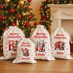 Personalisierte Frohe Weihnachten niedlich Santa Hut Rentier erste Leinwand Drawstring Geschenk Tasche mit Namen Weihnachtsgeschenk für Kinder Familie Freunde