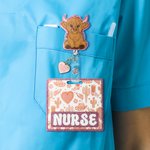 Personalized Western Cowgirl Style Highland Cow Badge Reel with Text and Heart Charm Nurse Week Birthday Christmas Gift for Nurse Medical Staff