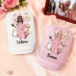 Personalisierte Cartoon Pyjama Mädchen PU-Leder-Schmuck-Box mit LED Drei-Farben-einstellbare Spiegel und Name Freundschaft Geburtstagsgeschenk für Schwestern Freunde