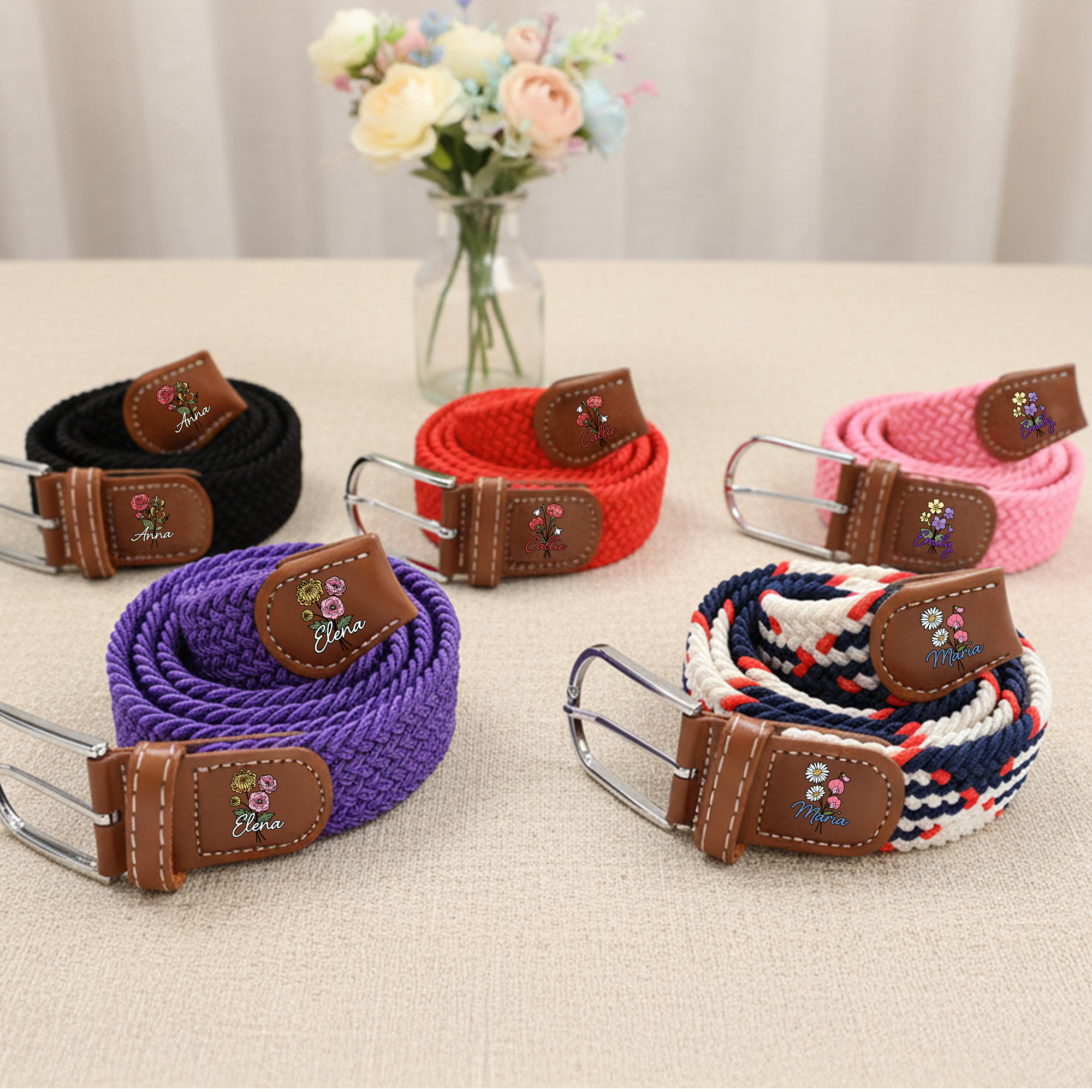 Ceinture élastique tissée sans trou personnalisée avec bouquet de fleurs de naissance et nom - Cadeau anniversaire pour elle