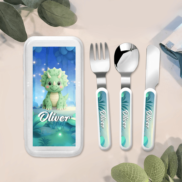 Henkilökohtainen söpö dinosaurus Food-Grade Kid's Fork Spoon Knife 3 Pcs ruokailuvälinesarja nimellä Päivittäinen käyttö Syntymäpäivälahja lapsille