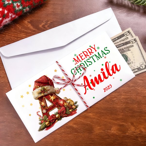 Personalized Christmas Hat Initial Money Holder Card Wallet with Name and Envelope Christmas Party Gift for Family Friend