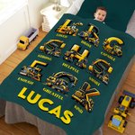 Personalized Construction Trucks Initial Multicolor Soft Throw Blanket with Name and Text Home Decor Birthday Christmas Gift for Boys Truck Lovers