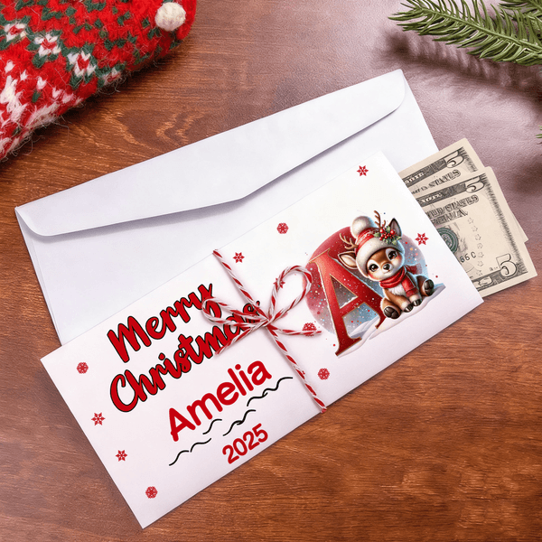 Personalisierte Weihnachten Rentier Initial Geld Halter Karte Brieftasche mit Namen und Umschlag Weihnachtsgeschenk für Familie Kinder