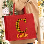 Personalized Plaid Initial Paw Red Jute Tote Bag with Name Christmas Party Gift for Kids Family
