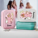 Personalisierte Cartoon Pyjama Mädchen PU-Leder-Schmuck-Box mit LED Drei-Farben-einstellbare Spiegel und Name Freundschaft Geburtstagsgeschenk für Schwestern Freunde