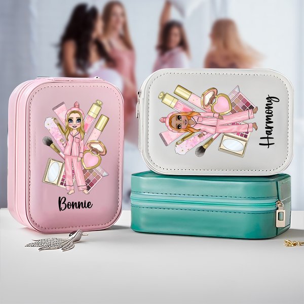 Personalized Cartoon Pajama Girl PU Leather Jewelry Box with LED Three-Color Adjustable Mirror and Name Friendship Birthday Gift for Sisters Friends