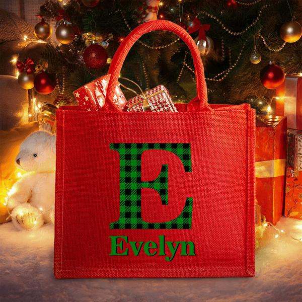 Personalized Plaid Initial Paw Red Jute Tote Bag with Name Christmas Party Gift for Kids Family