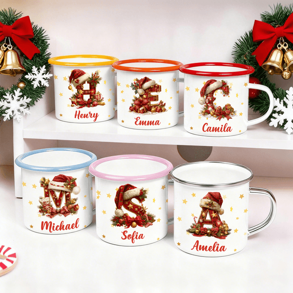 Personalised Santa Hat Sweets Cane Holly Design Initial 12 oz Multicolour Enamel Mug with Name Christmas Gift for Kids