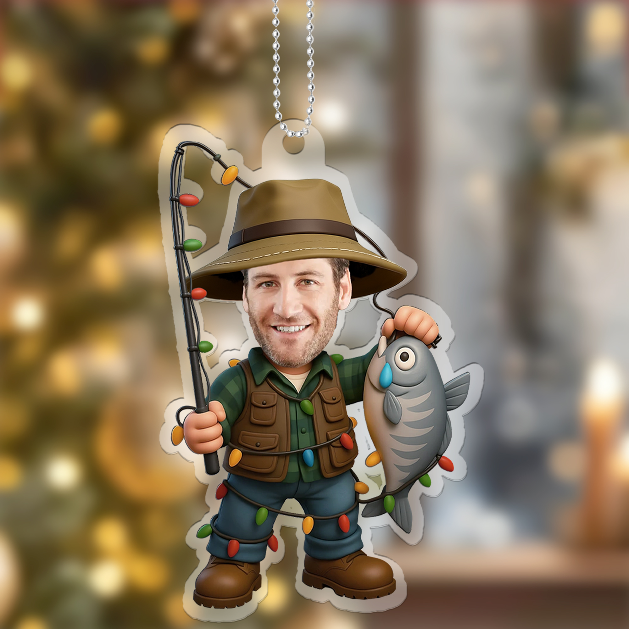 Ornement de Noël personnalisé en acrylique avec photo de visage de pêcheur Cadeau de Noël pour les passionnés de la pêche