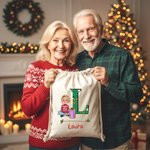 Personlig julklappspåse med söt tecknad karaktär och dragsko med initialer och namn Julklapp till barnfamilj