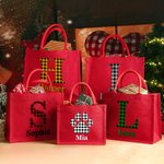 Personalized Plaid Initial Paw Red Jute Tote Bag with Name Christmas Party Gift for Kids Family