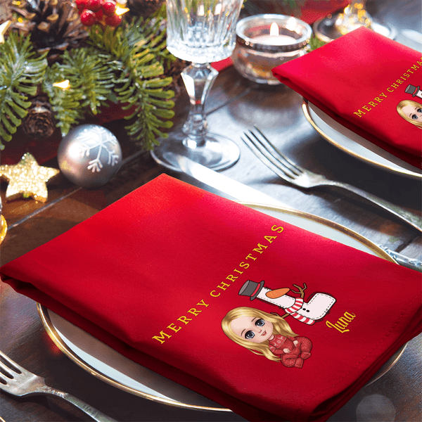 Personalized Snowman Cartoon Character Red 100% Cotton Reusable Napkin with Name and Initial Table Decor Christmas Gift for Family Friend