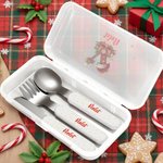 Personalised Christmas Hat Initial Safe Stainless Steel Kid's Fork Spoon Knife 3 Pcs Cutlery Set with Case and Name Christmas Gift for Kids