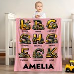 Personalized Construction Trucks Initial Multicolor Soft Throw Blanket with Name and Text Home Decor Birthday Christmas Gift for Boys Truck Lovers