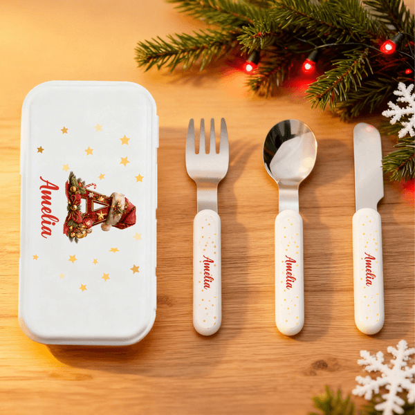 Personalised Christmas Hat Initial Safe Stainless Steel Kid's Fork Spoon Knife 3 Pcs Cutlery Set with Case and Name Christmas Gift for Kids