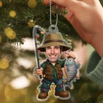 Personalized Fisherman Face Photo Acrylic Christmas Ornament Home Decor Christmas Gift for Male Fishing Enthusiasts