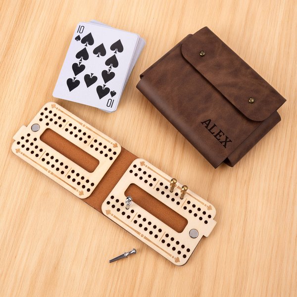 Personalised Retro Leather Magnetic Cribbage Travel Set with Text Pegs and Playing Cards Travel Game Night Christmas Gift for Cribbage Lovers