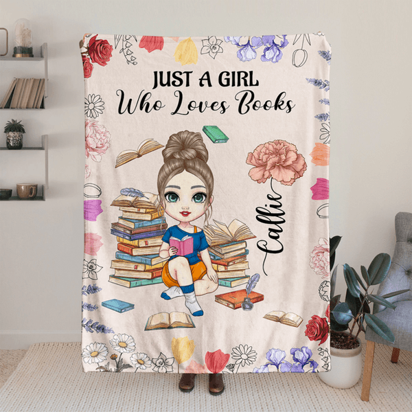 Personalized Cartoon Reading Character Birth Flower Soft Throw Blanket with Name and Title Home Decor Birthday Gift for Family Bookworms