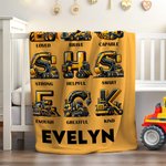 Personalized Construction Trucks Initial Multicolor Soft Throw Blanket with Name and Text Home Decor Birthday Christmas Gift for Boys Truck Lovers