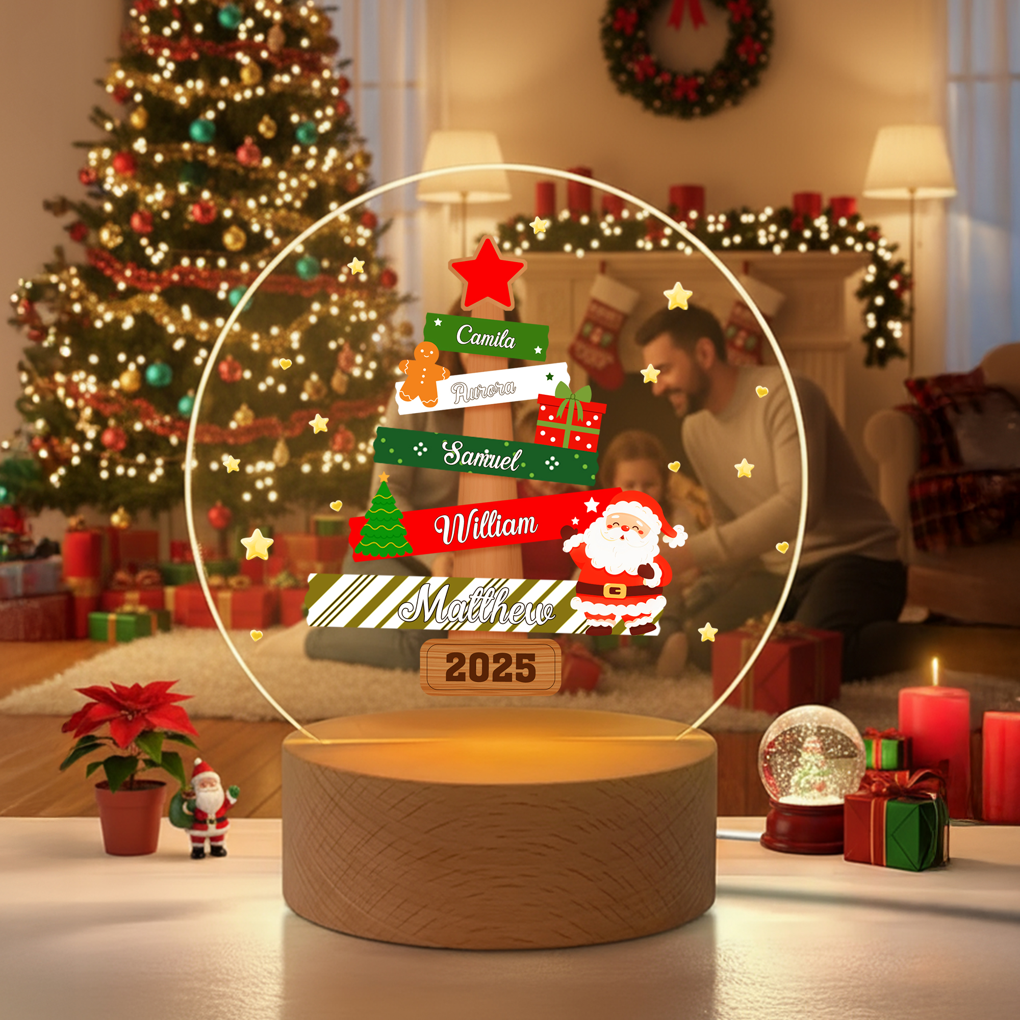 Veilleuse LED personnalisée Père Noël avec 1 à 8 noms et socle en bois Cadeau de Noël pour les enfants et la famille