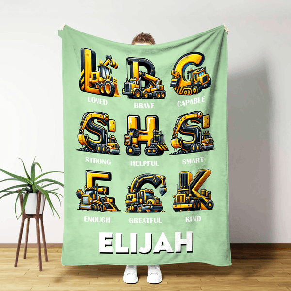 Manta blanda personalizada con nombre y texto para camiones de construcción con iniciales multicolor Decoración del hogar Cumpleaños Regalo de Navidad para niños amantes de los camiones