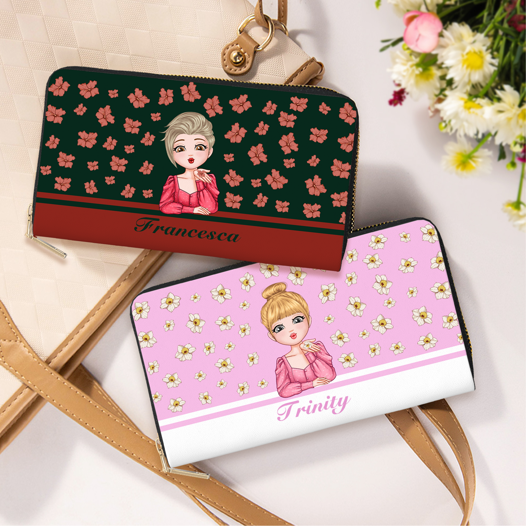 Portefeuille en cuir PU avec nom et compartiments multiples Cadeau d'anniversaire et de mariage pour les femmes