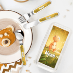Personalized Cute Dinosaur Food-Grade Kid's Fork Spoon Knife 3 Pcs Cutlery Set with Name Daily Use Birthday Gift for Kids
