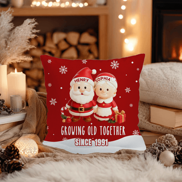 Personalized Growing Old Together Christmas Character Soft Throw Pillow Cover with Name and Year Home Decor Christmas Anniversary Gift for Couples