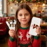 Personalised Christmas Hat Initial Safe Stainless Steel Kid's Fork Spoon Knife 3 Pcs Cutlery Set with Case and Name Christmas Gift for Kids