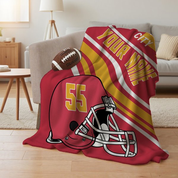 Personalized Football Helmet Pattern Soft Throw Blanket with Name and Number Home Decor Birthday Game Day Gift for Football Sports Fans Lovers
