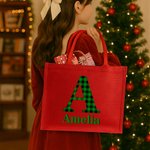 Personalized Plaid Initial Paw Red Jute Tote Bag with Name Christmas Party Gift for Kids Family